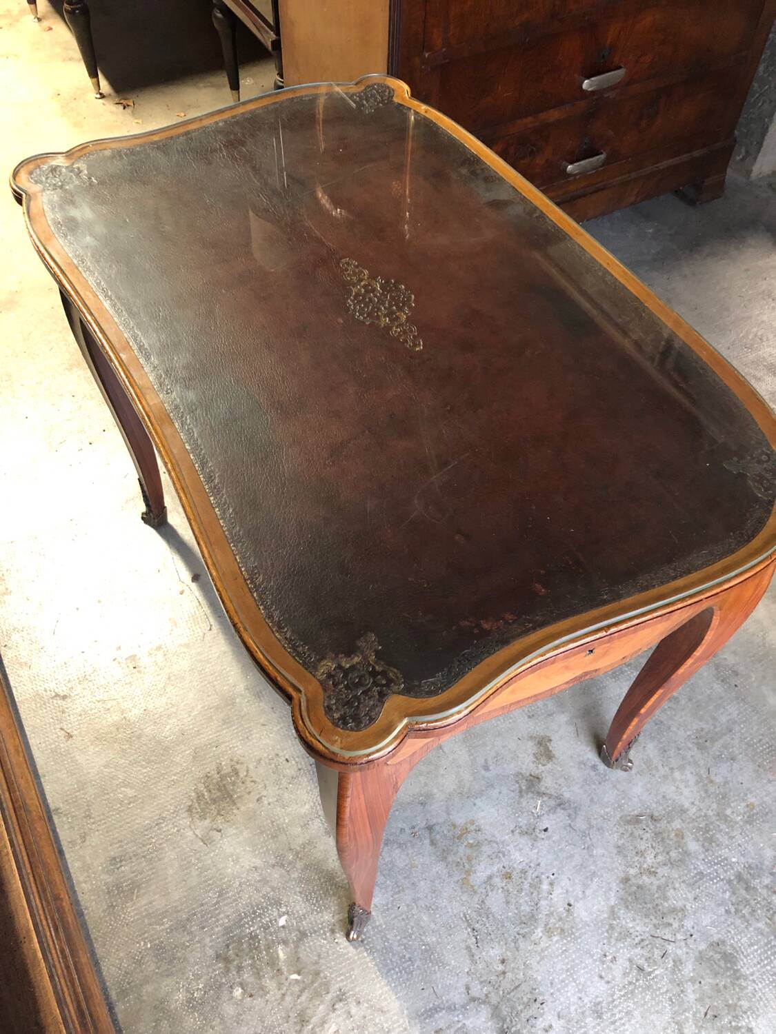 Desk, writing table with old glazed leather top