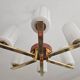 Lustre Mid Century Modern with 6 brass arms, teak, and frosted glass.