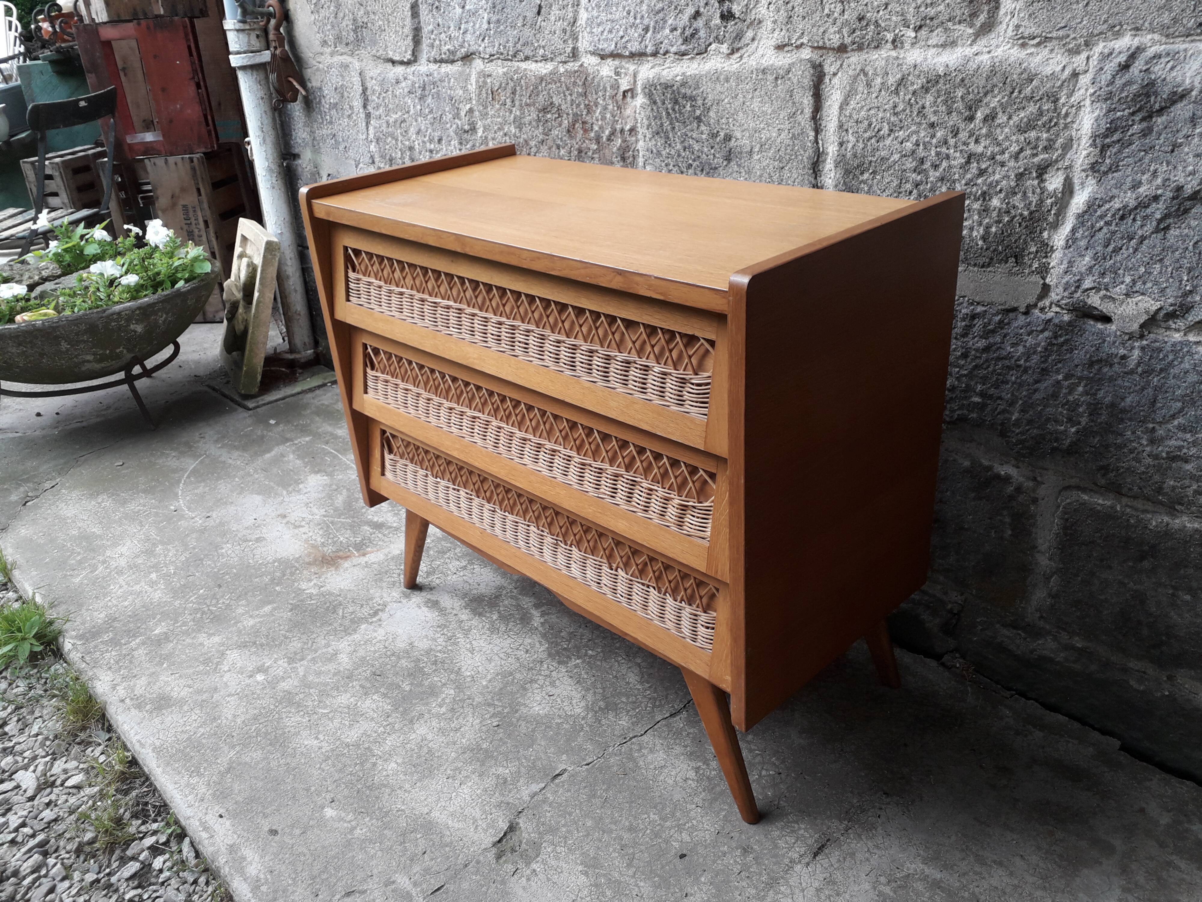 Vintage chest of drawers in rattan compass feet