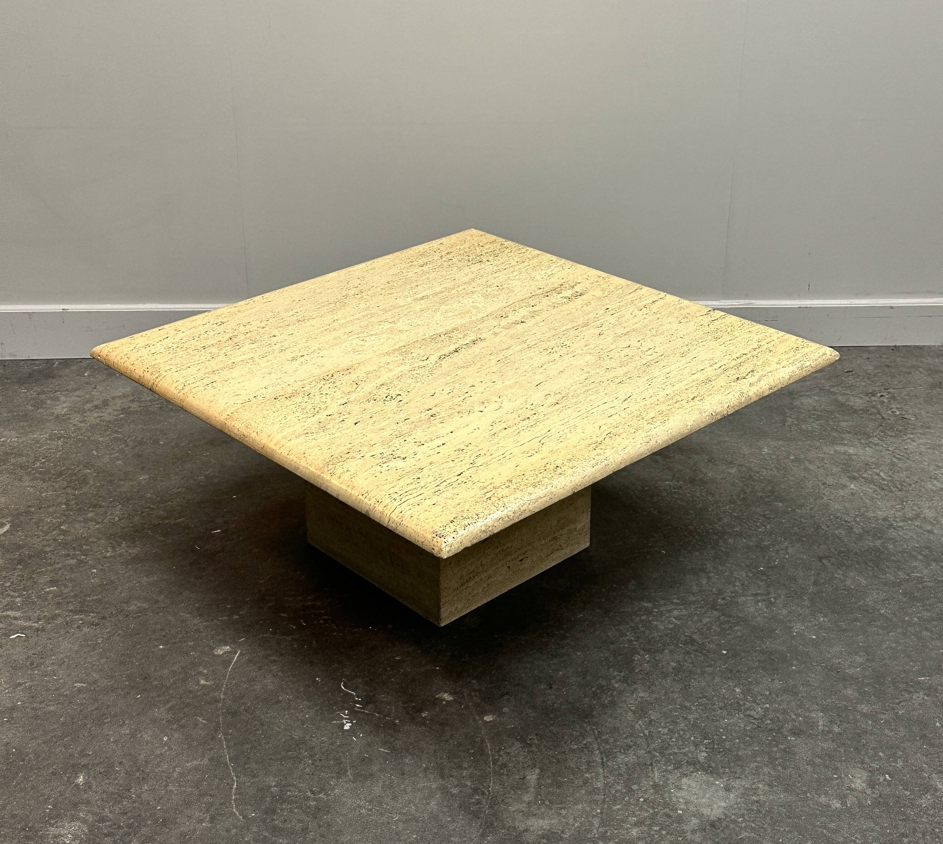 Large Vintage Brute Travertine Square Coffee Table, France 1970s.