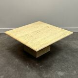 Large Vintage Brute Travertine Square Coffee Table, France 1970s.