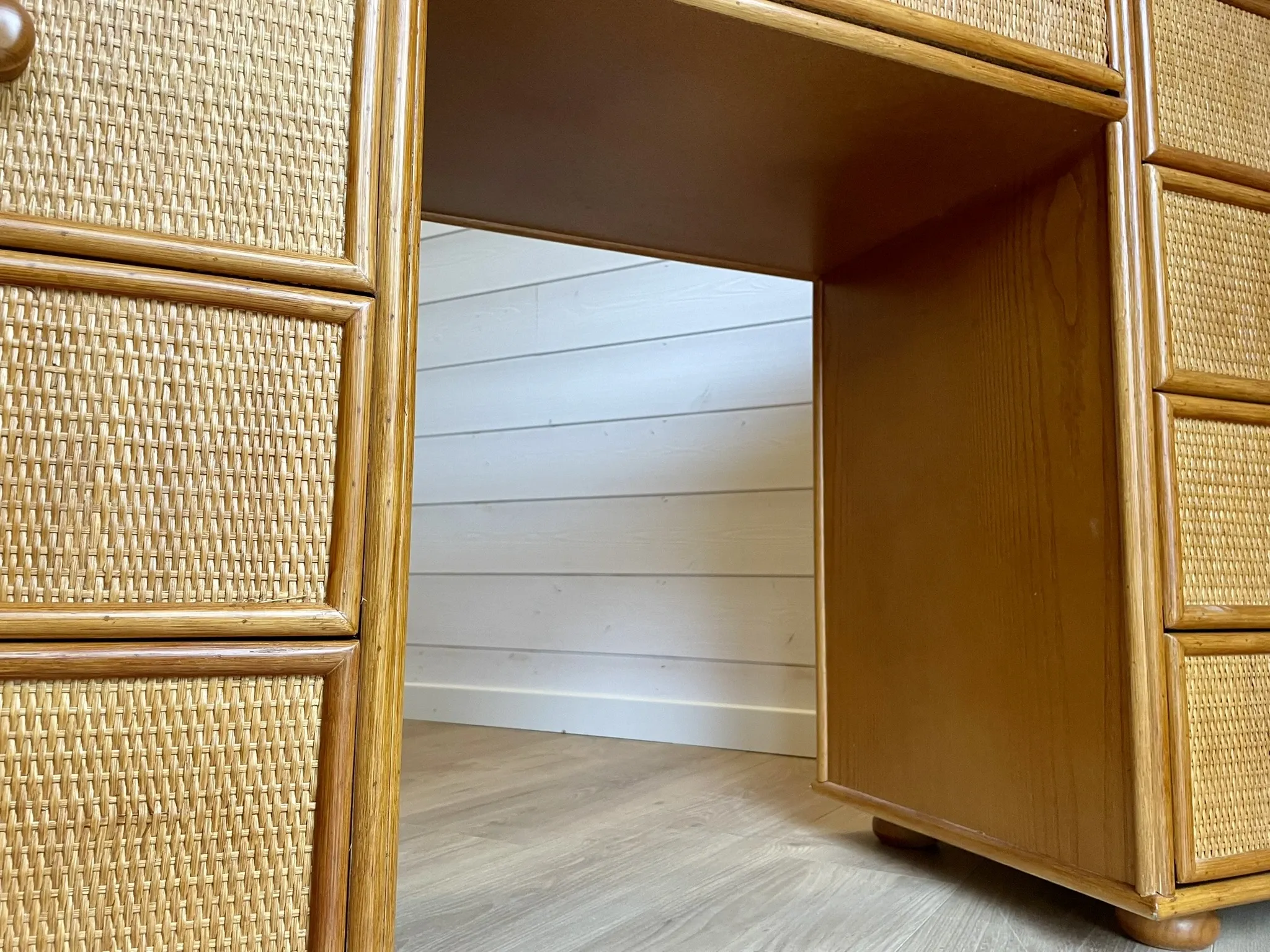 Cane work desk / Rattan glass top 9 drawers shallow depth
