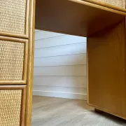 Cane work desk / Rattan glass top 9 drawers shallow depth