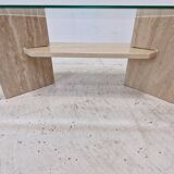 Italian Coffee Table in Travertine and Facet Cut Glass, 1980s