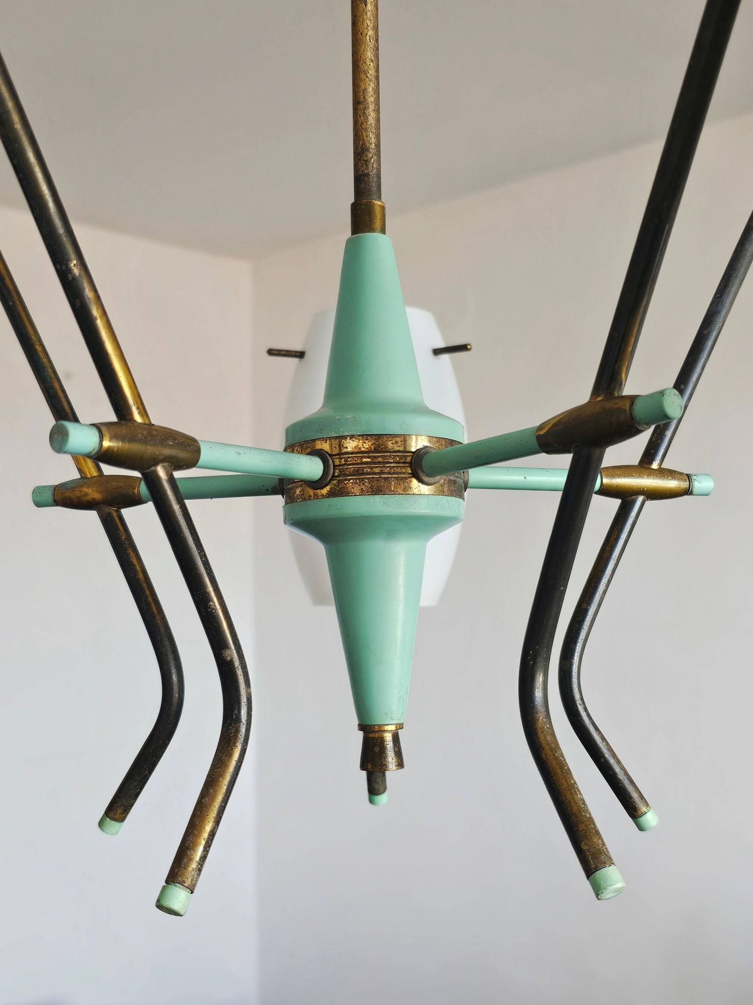 Opaline glass and brass chandelier mid-century Stilux Milano 1950s