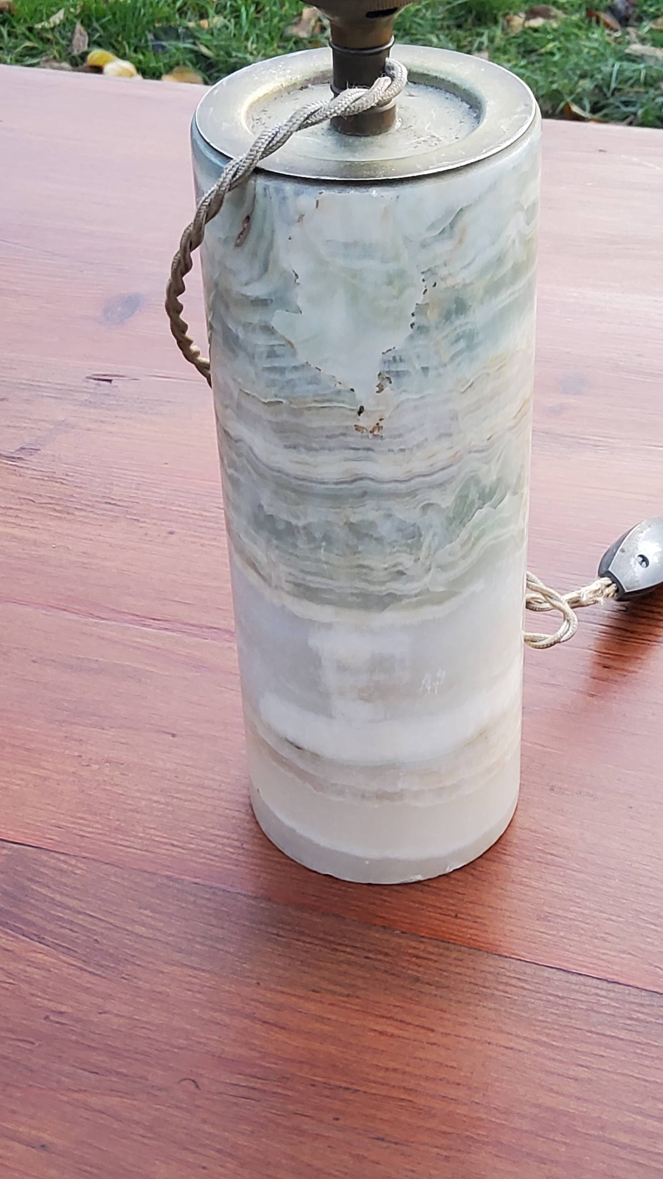 Designer lamp from the 70s in almond green onyx with original fabric shade