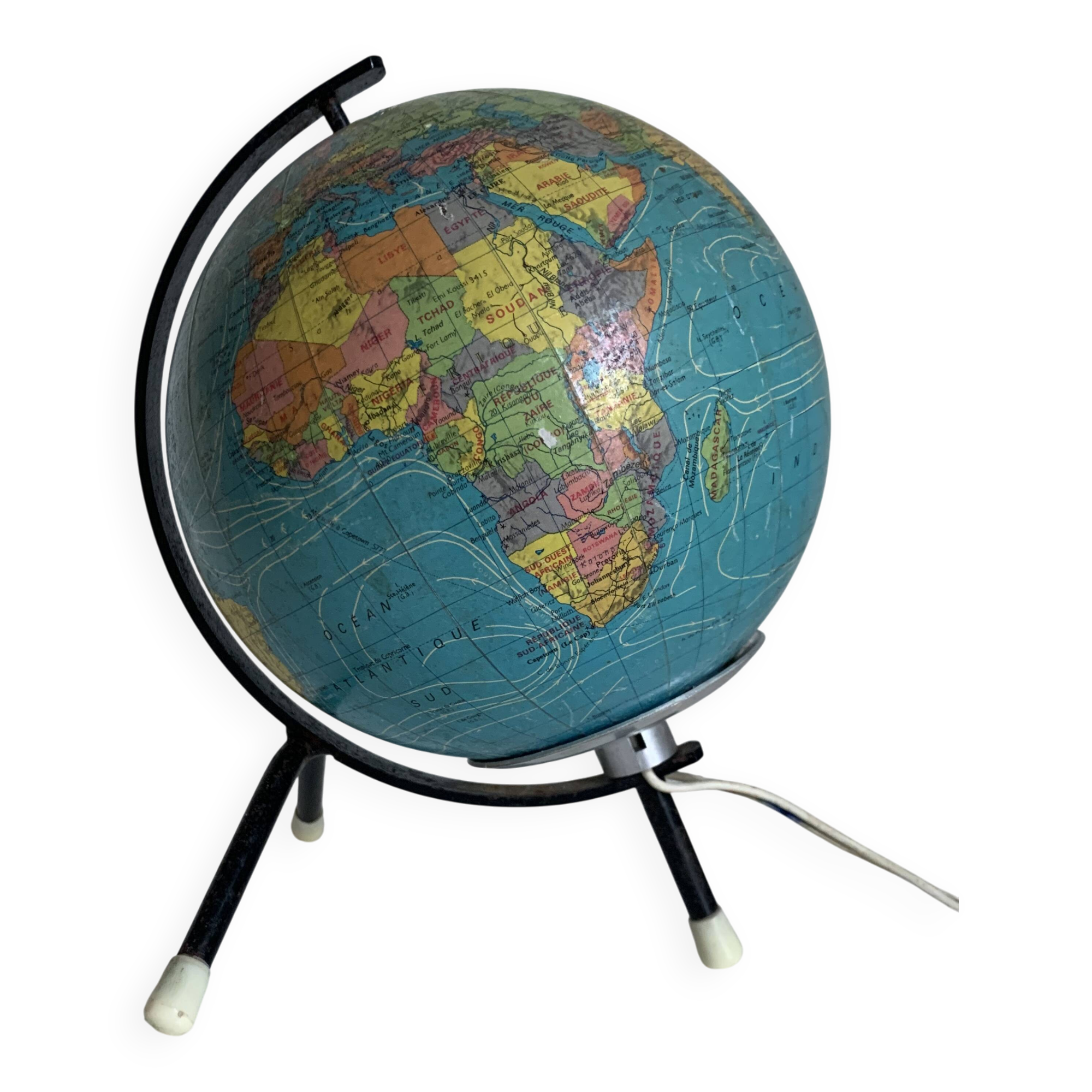 Globe vintage 1972 terrestre verre Taride tripode - 22 cm