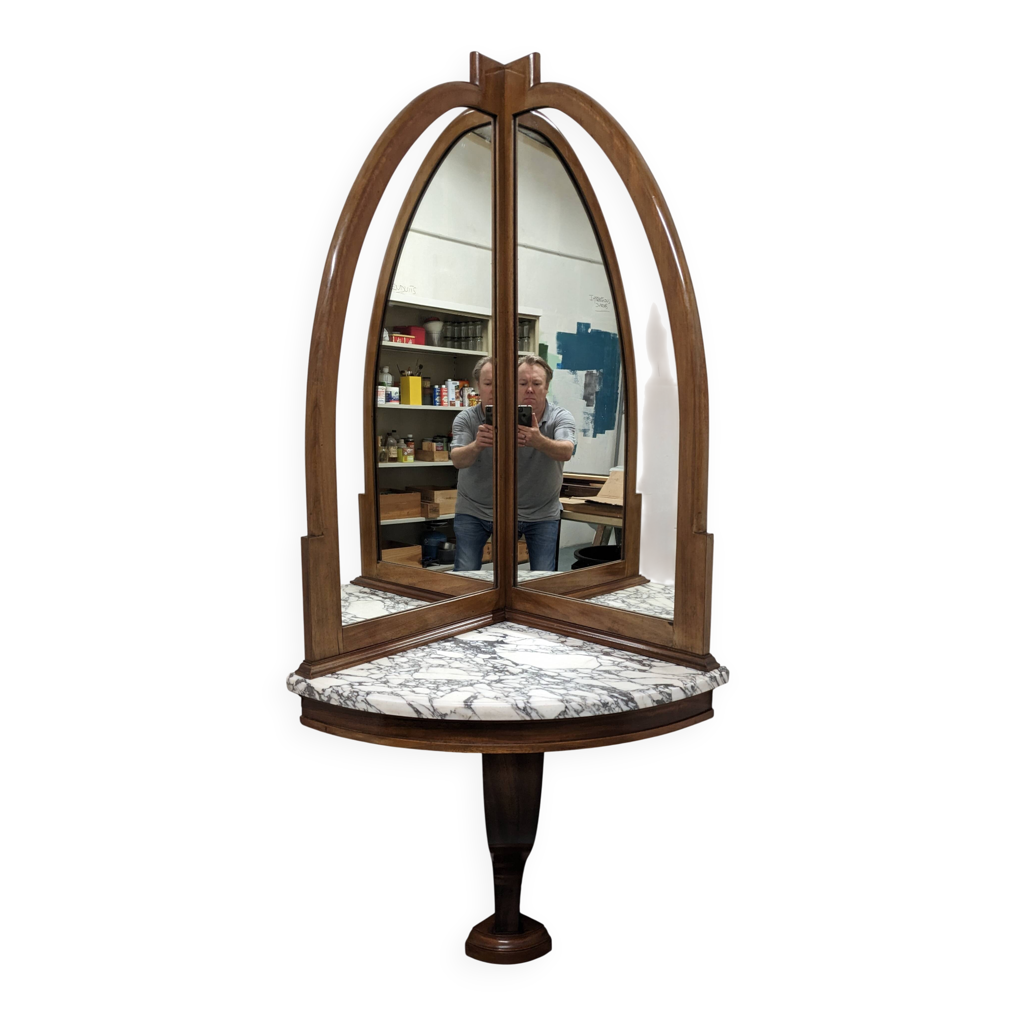 Console and its Art Deco corner mirror in walnut, France circa 1920.