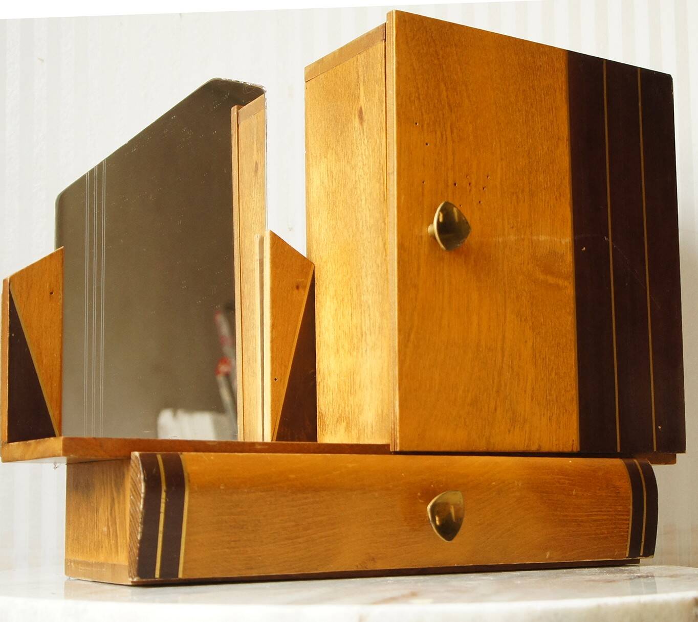 Asymmetrical art deco wall cabinet, drawer & mirror