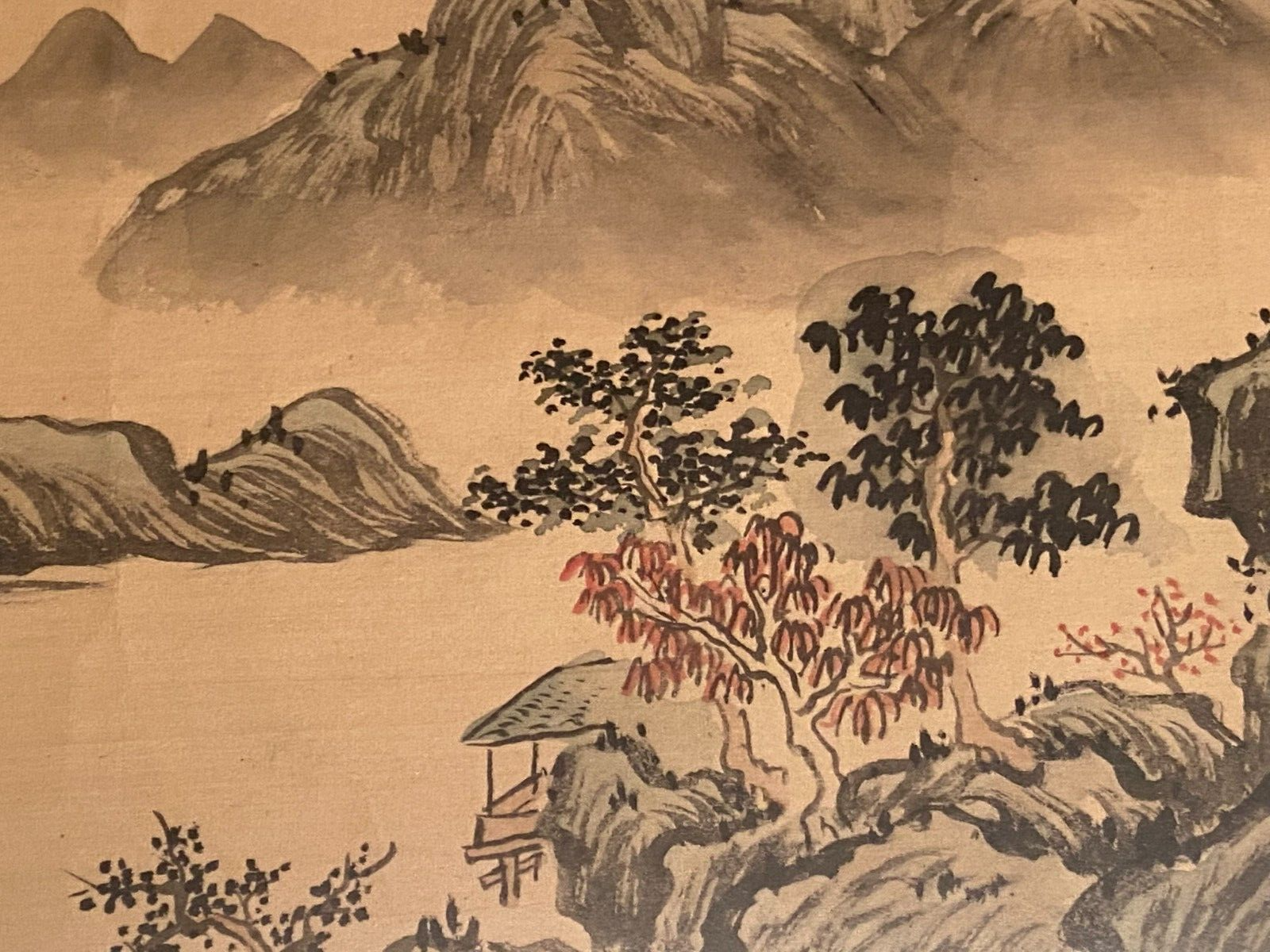 India ink drawing with red markings depicting a mountain landscape