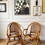 Paire de fauteuils en rotin et cannage vintage