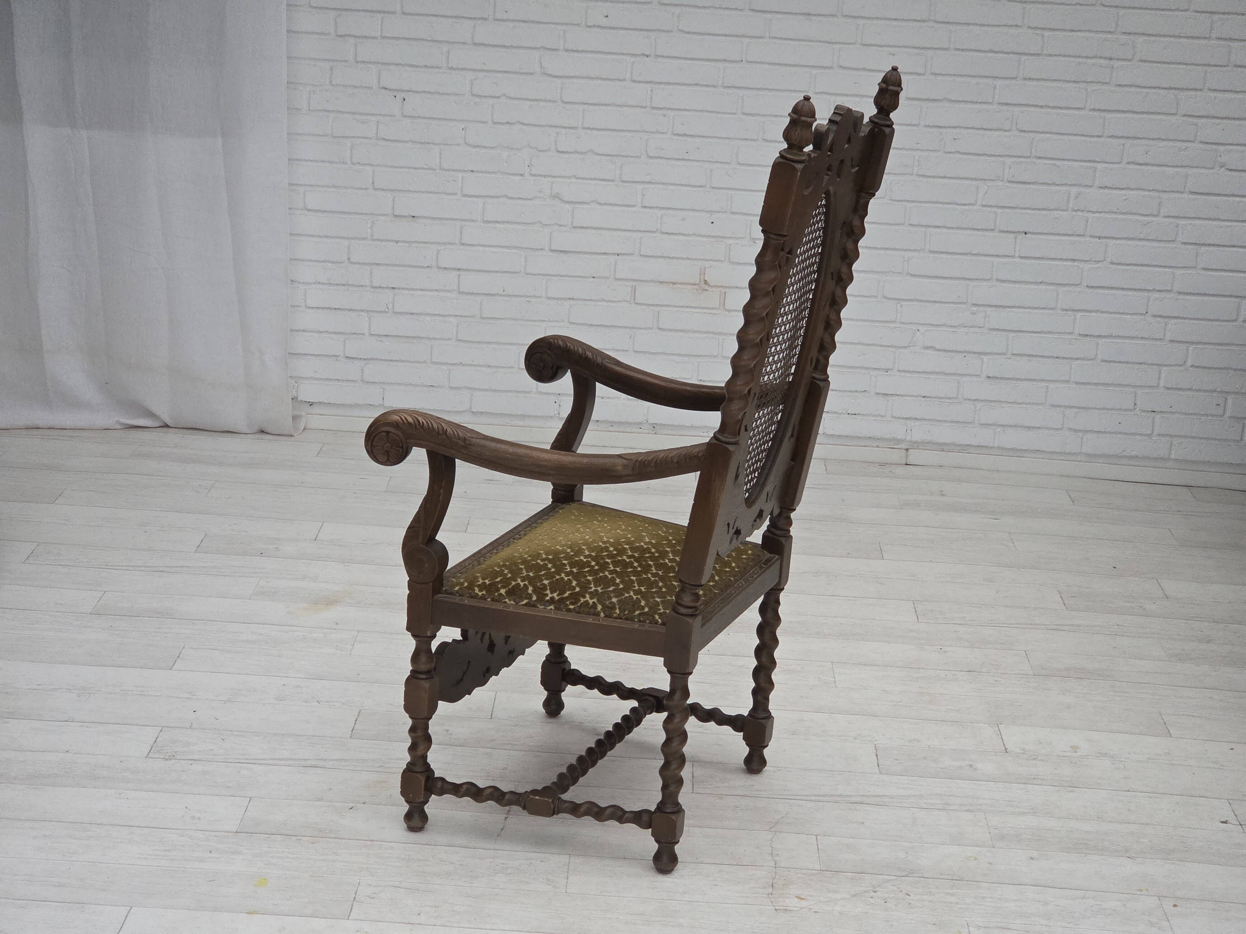 1930s, Danish highback armchair, furniture mesh, velour, carved oak wood.