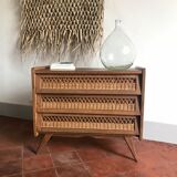 Vintage wood and rattan chest of drawers