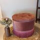 Pouf or footrest in pink velvet with fringes