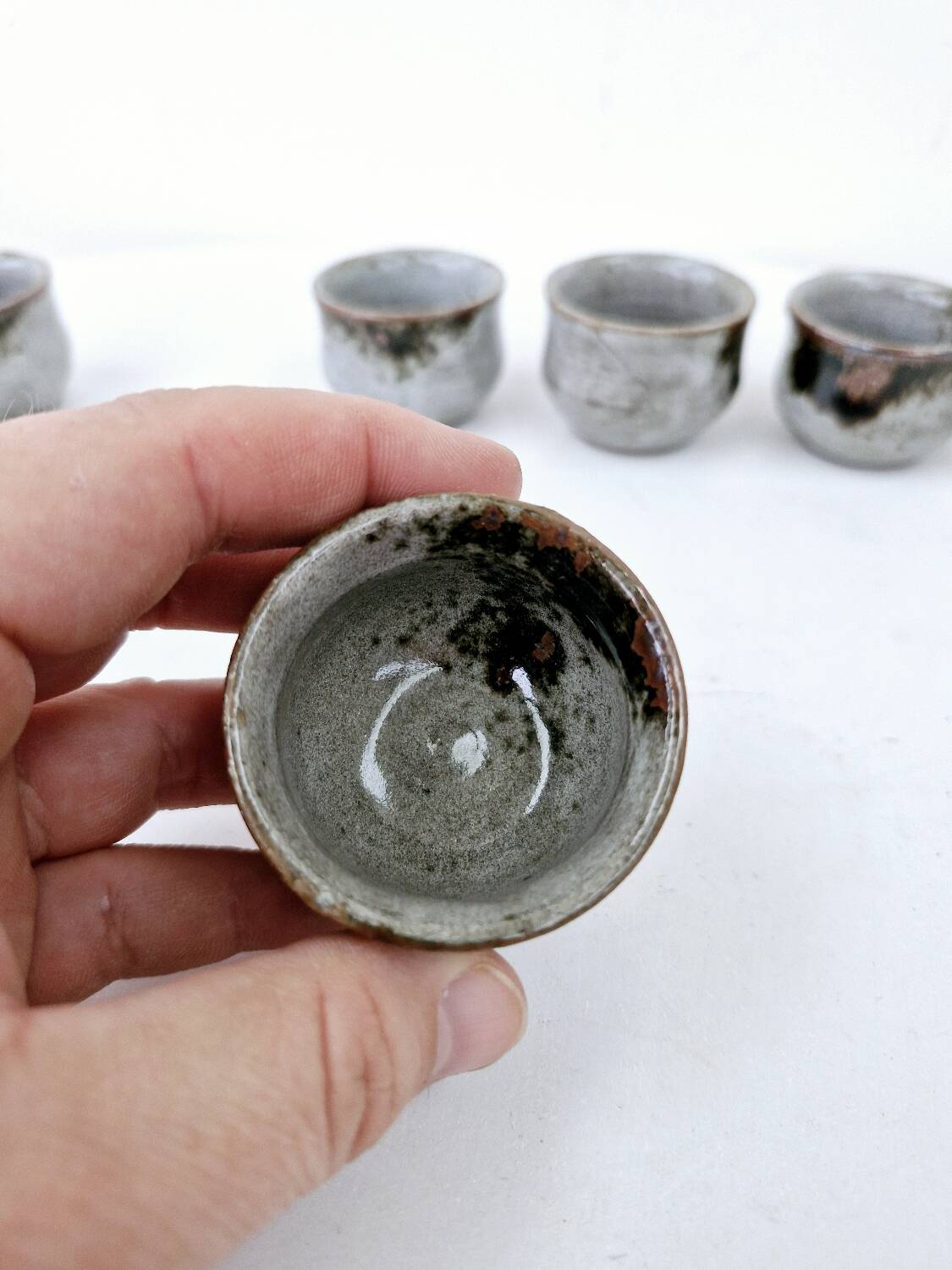 Vintage enameled stoneware service with 6 small bowls and a sugar bowl or sauce bowl