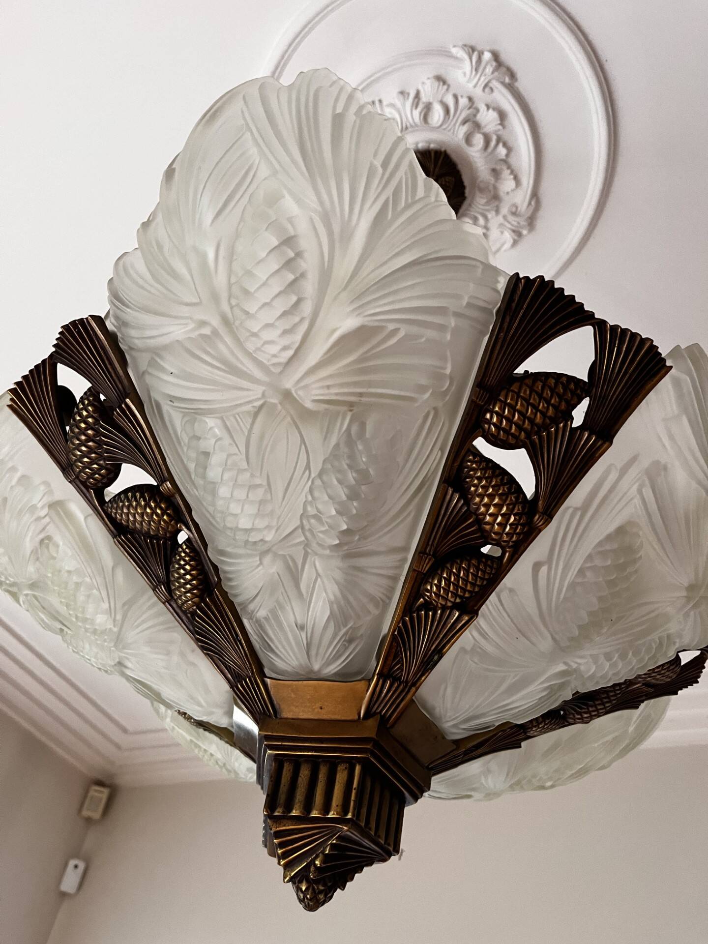 Opaline and brass chandelier