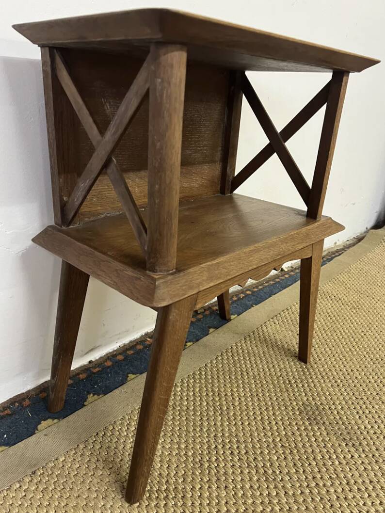 Bedside table with crossbars, vintage compass legs