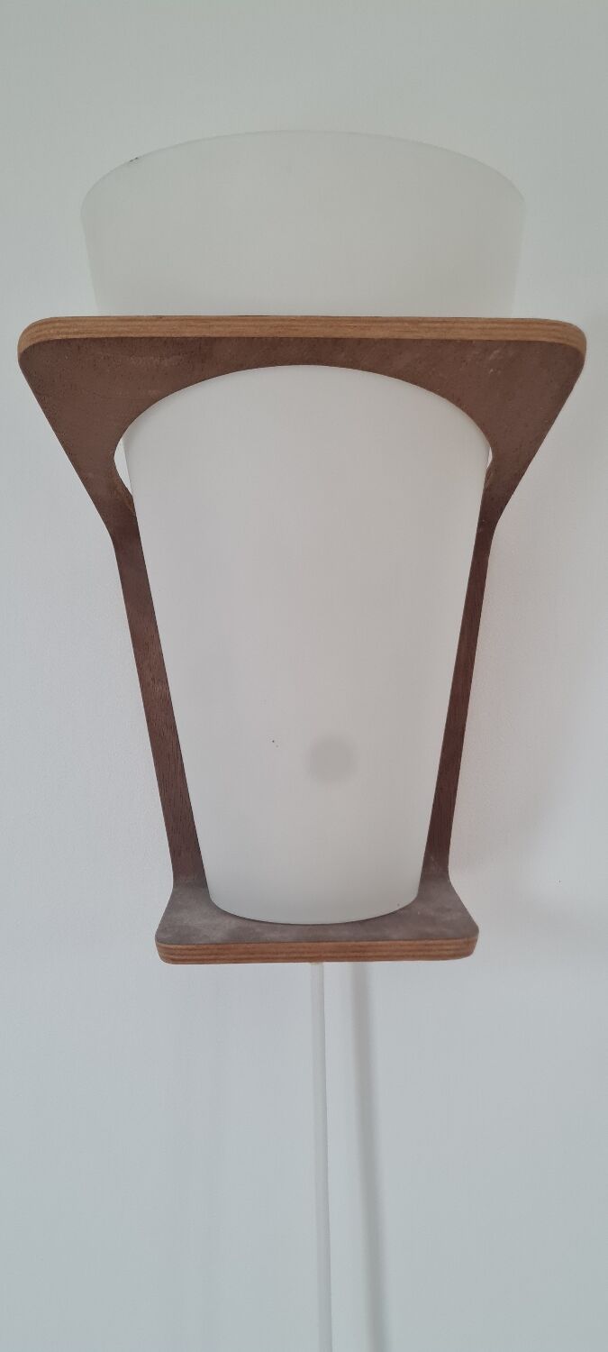 Pair of Louis Kalff frosted wood and opaline sconces