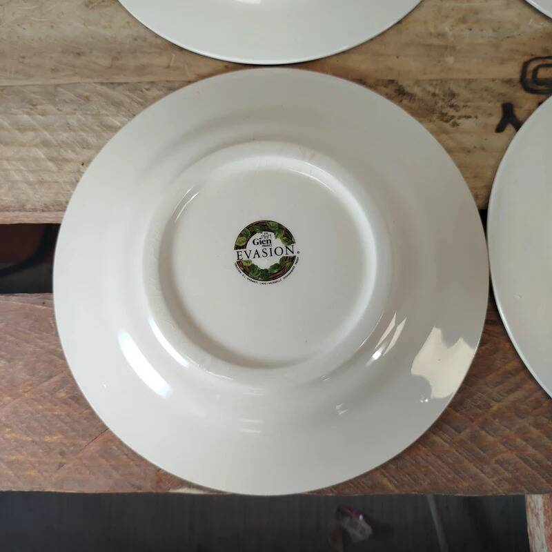 Set of 6 Gien Évasion flat plates with vintage floral foliage design.