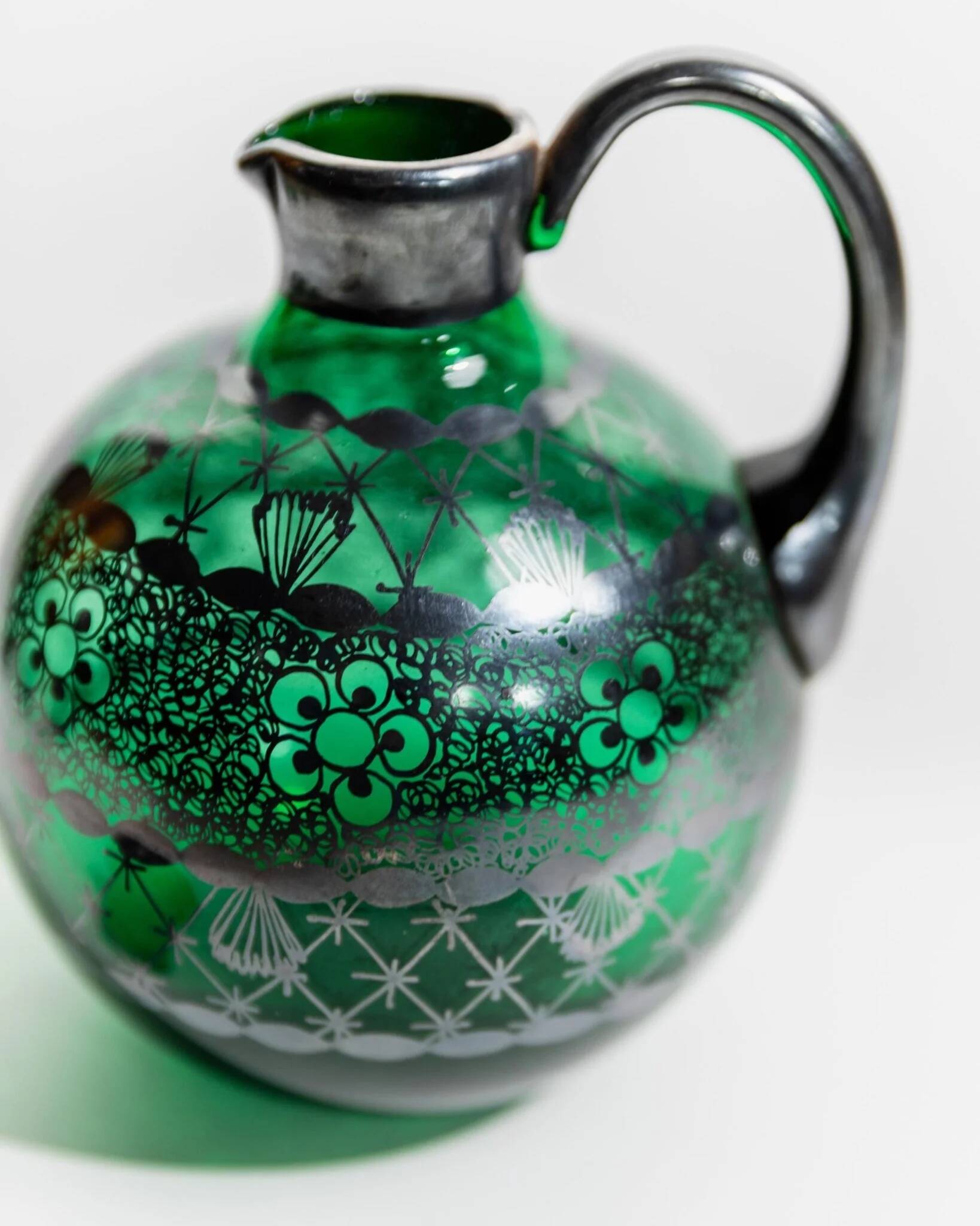 Vintage Murano Green Glass Liqueur Set with Hand-Painted Silver Decor – Decanter and Four Glasses, Italy, 1930s
