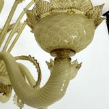 Vintage 6 arms handcrafted floral Murano glass chandelier with gold. Italy 1950s