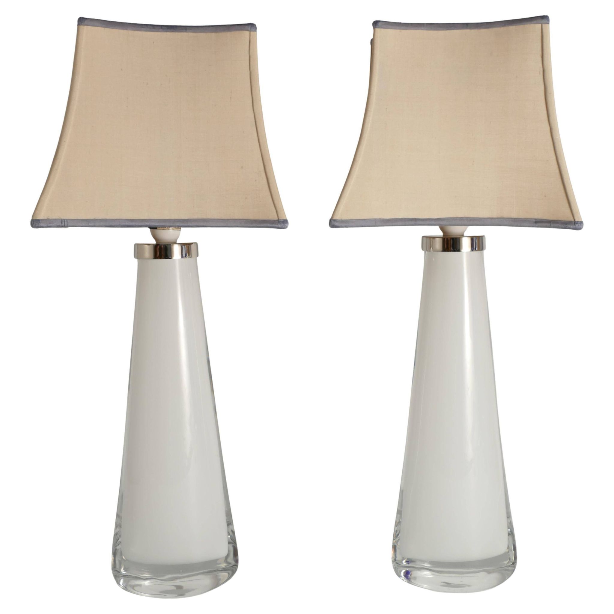 Large White Crystal Glass Table Lamps, Carl Fagerlund, Orrefors, 1960, Set of 2