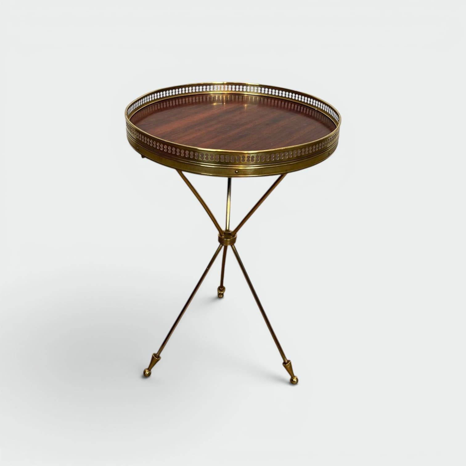 Tripod Side Table in Brass with Mahogany Top and Openwork Gallery. St. Trava