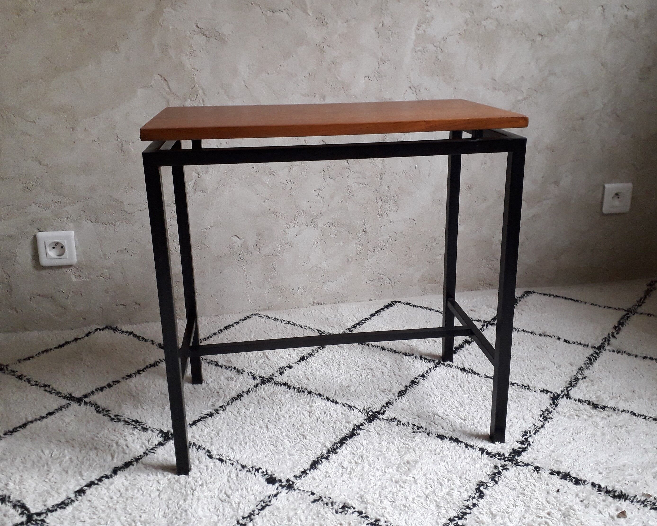 Side table or console teak and vintage metal