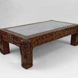 Table basse en chêne massif sculpté de faunes et plateau en marbre gris, France, circa 1940
