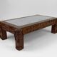 Solid oak coffee table carved with fauns and gray marble top, France, circa 1940