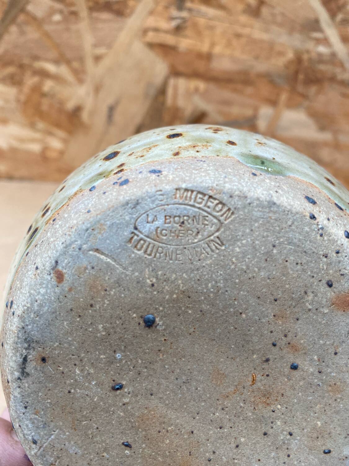 Old vase migeon la borne speckled beige stoneware vintage