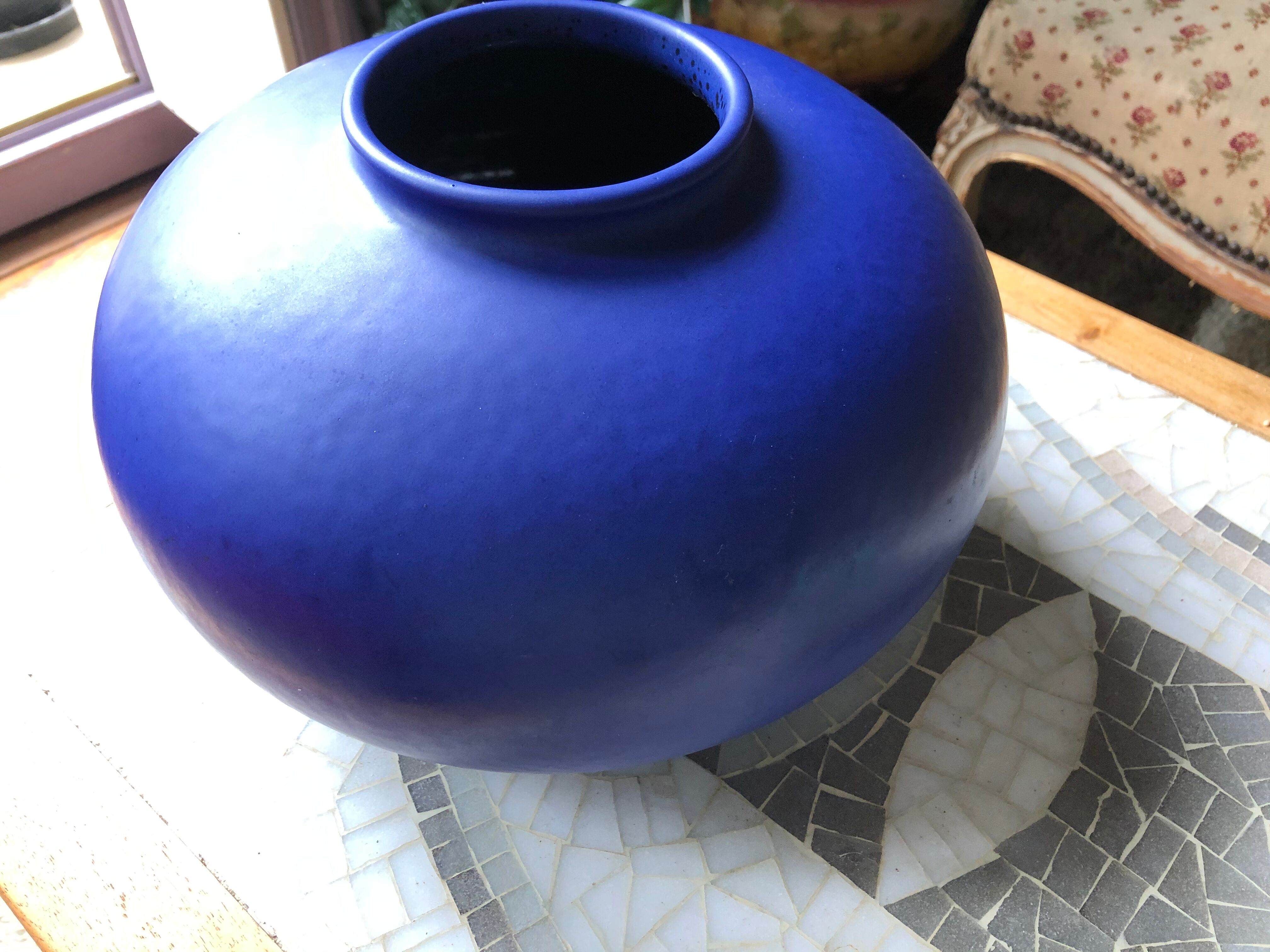 Overseas blue ceramic ball vase around 1960