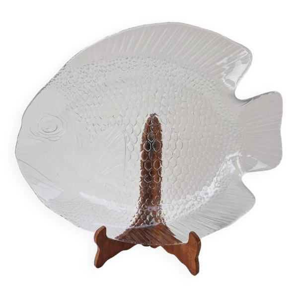 Grand Plat En Verre Transparent Forme Poisson Arcoroc France 39 x 32.5 cm