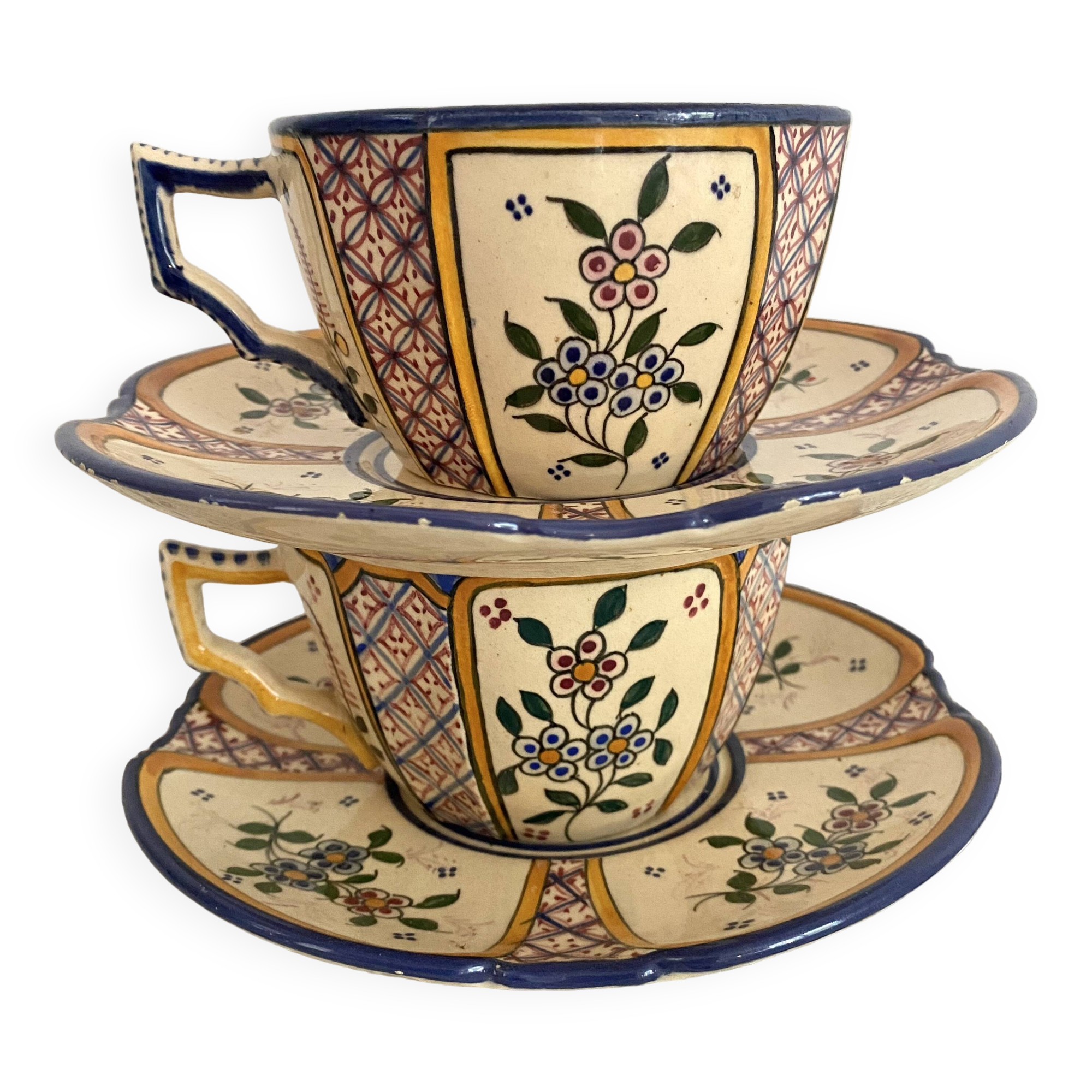 Antique Quimper Henriot earthenware cups and saucers