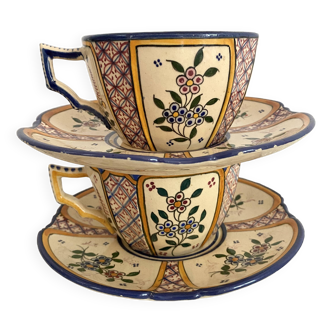 Antique Quimper Henriot earthenware cups and saucers