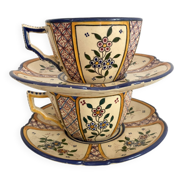 Antique Quimper Henriot earthenware cups and saucers