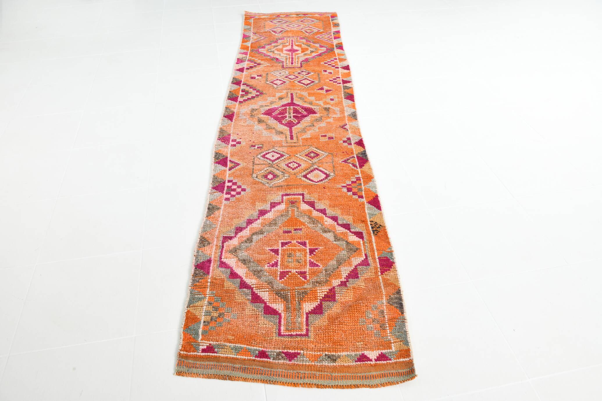 3x11 Pumpkin Orange Vintage Runner Rug, Wool Runner Rug, 77x326Cm