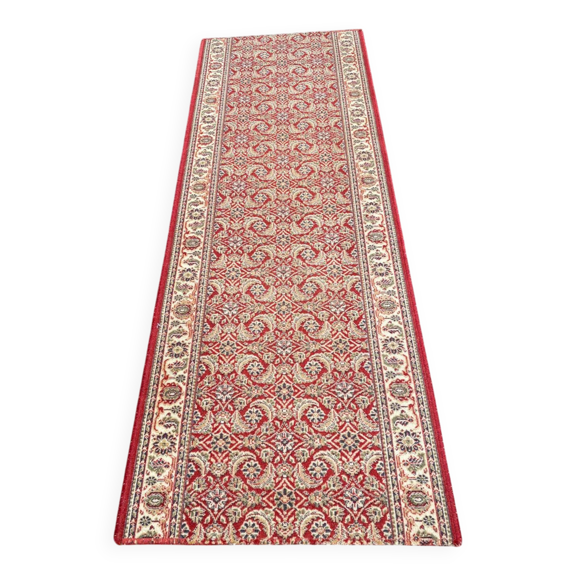 Long Persian rug in burgundy red wool with flowers, handmade 205x70