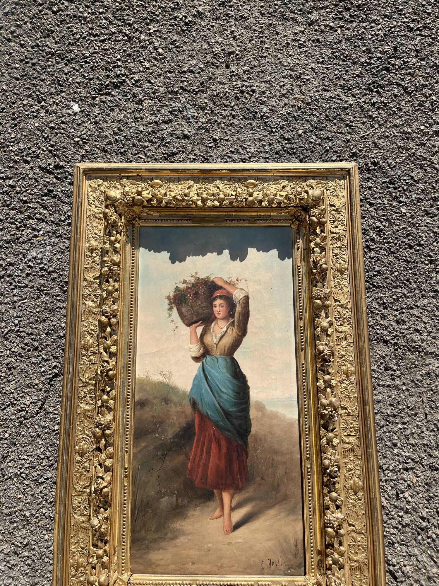 Ernesto Jolli – Oil on canvas 19th century – Young woman with a basket of flowers