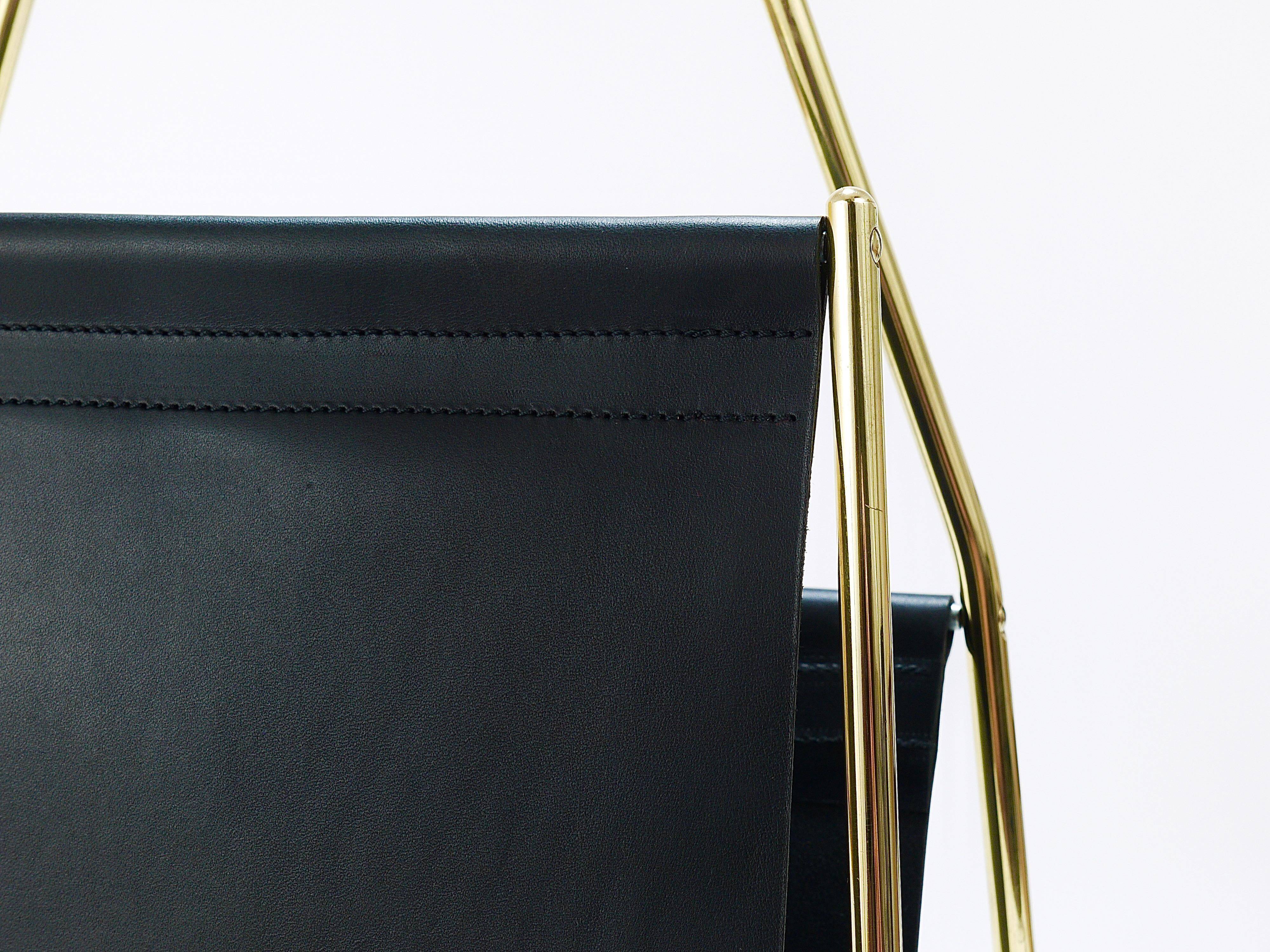 Carl Auböck II Midcentury magazine rack, brass and black leather, vintage, Austria