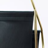 Carl Auböck II Midcentury magazine rack, brass and black leather, vintage, Austria