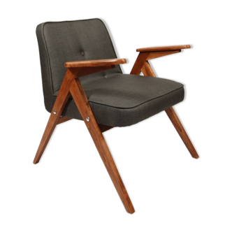 Fauteuil vintage en bois gris acier 1970 scandinave design milieu de siècle chaise de salon