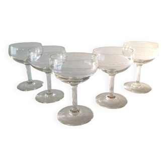5 Champagne glasses in chiseled glass
