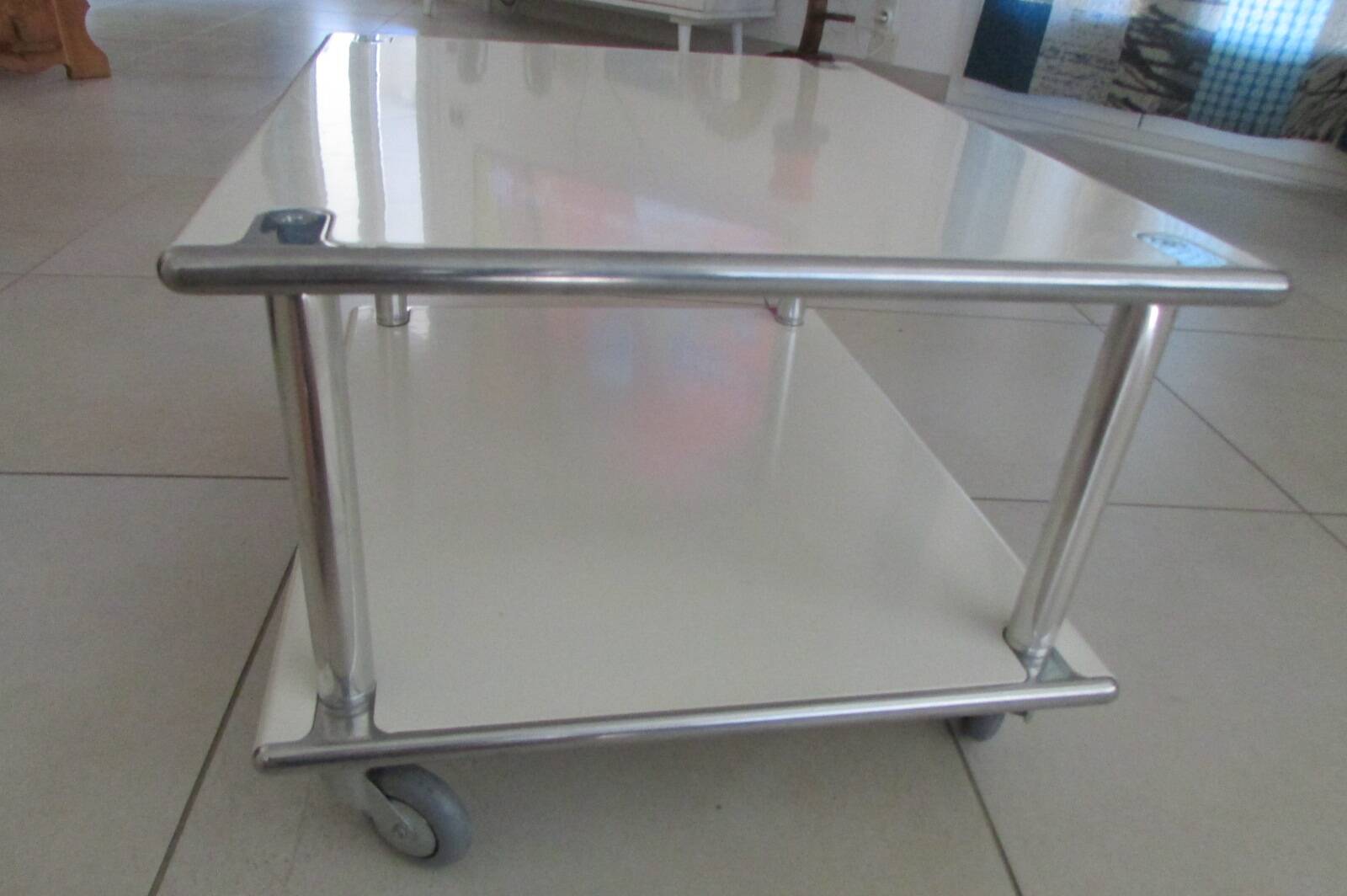 "Space Age" coffee table in white lacquered steel. Double tops. France, Circa