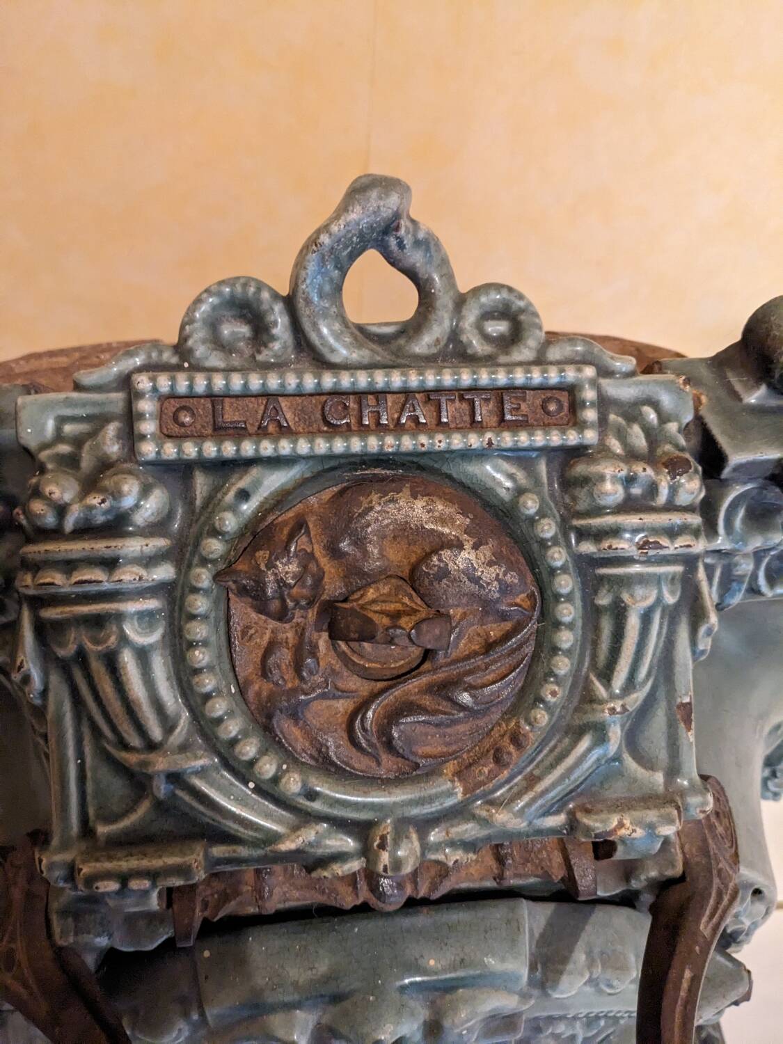 Mobile cast iron stove model "la chatte" designed by the French engineer Edmond Chaboche in 1883