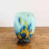 Murano blown glass vase – Blue gradient with yellow and red spots