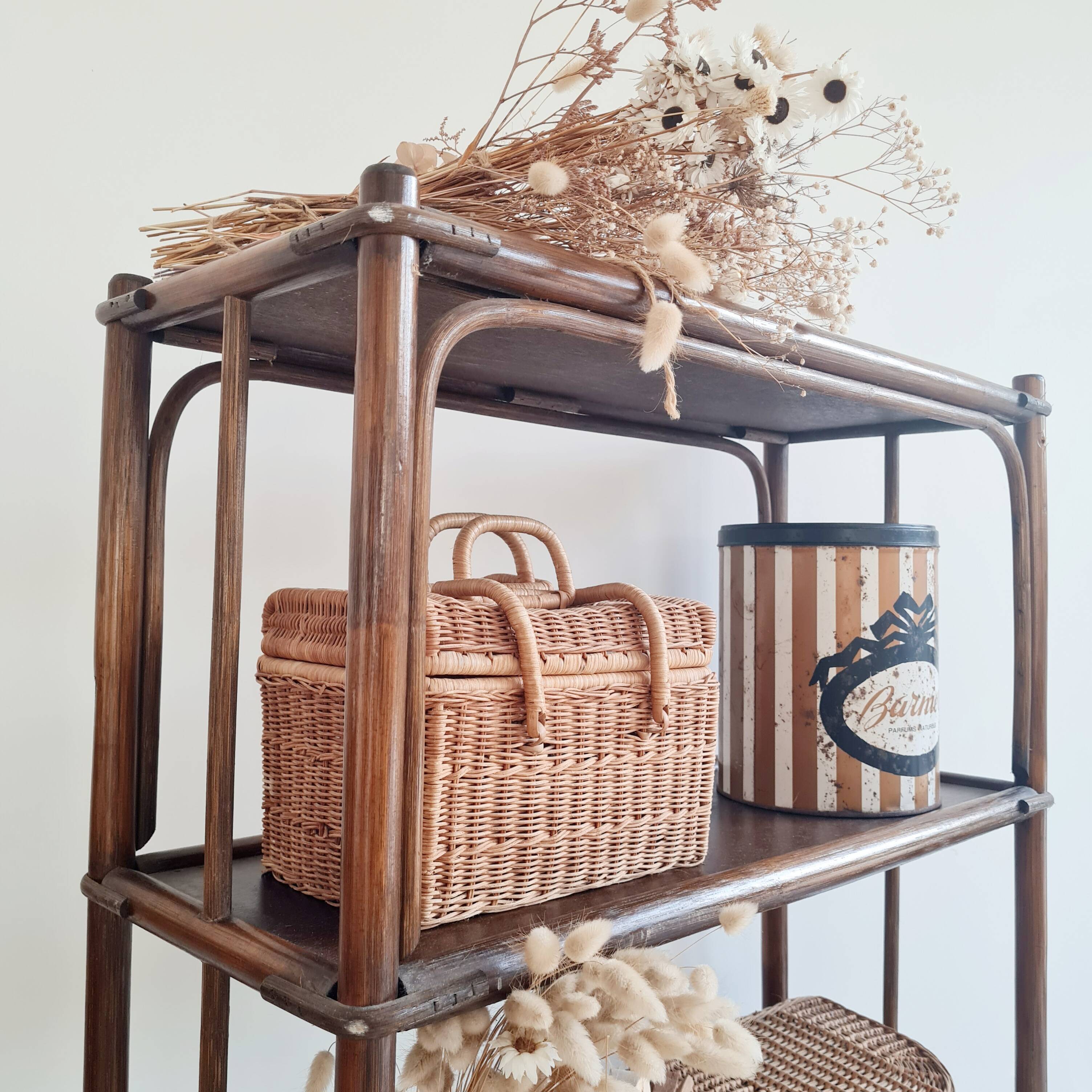 Etagère, bibliothèque en bois et rotin