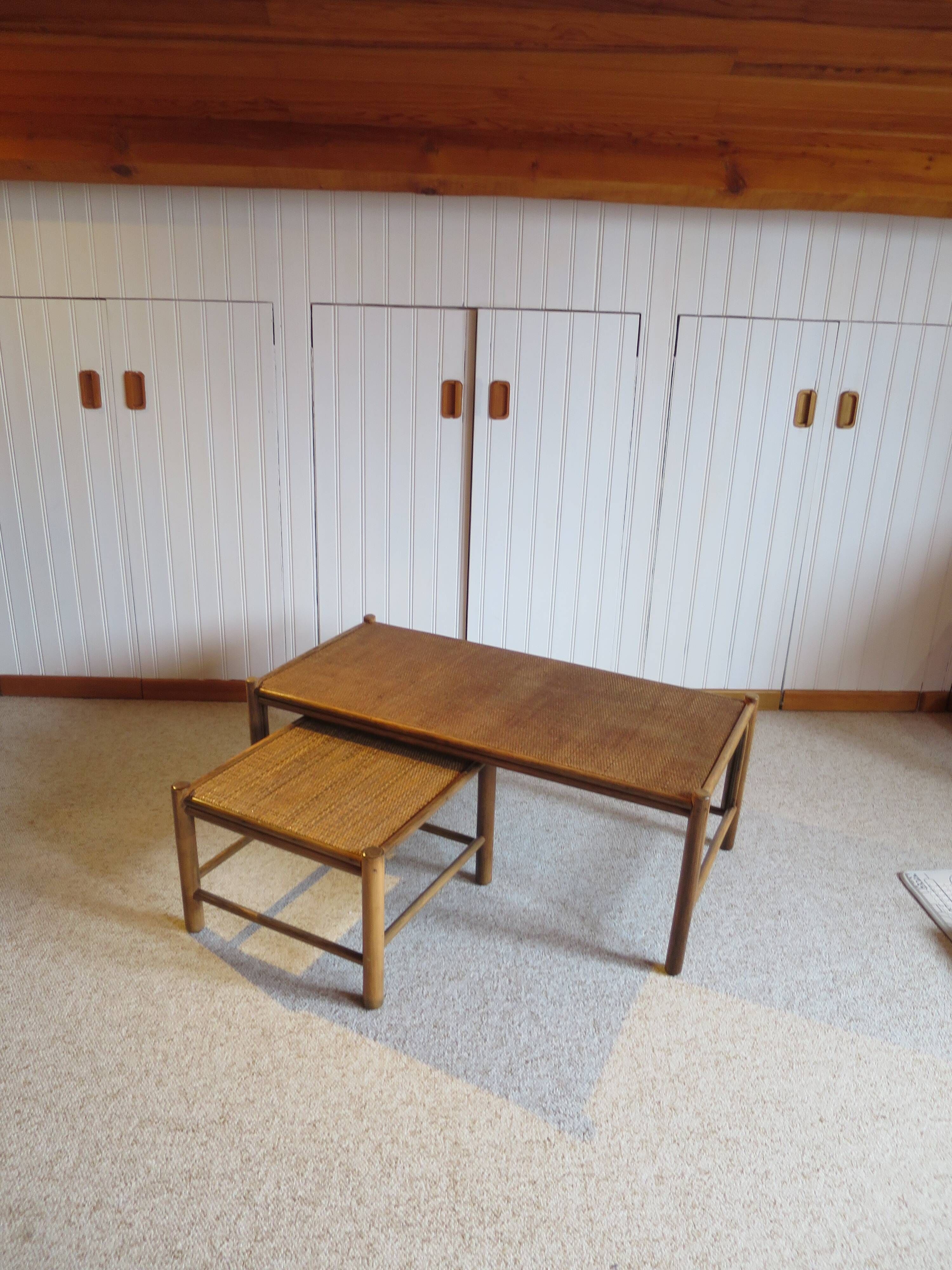 Vintage nesting coffee tables - wood and woven rattan - natural color - 60s