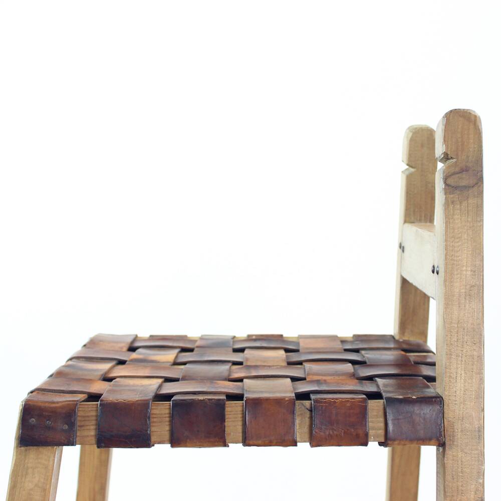Large Vintage Bar Stool In Wood & Leather, Czechoslovakia 1950s