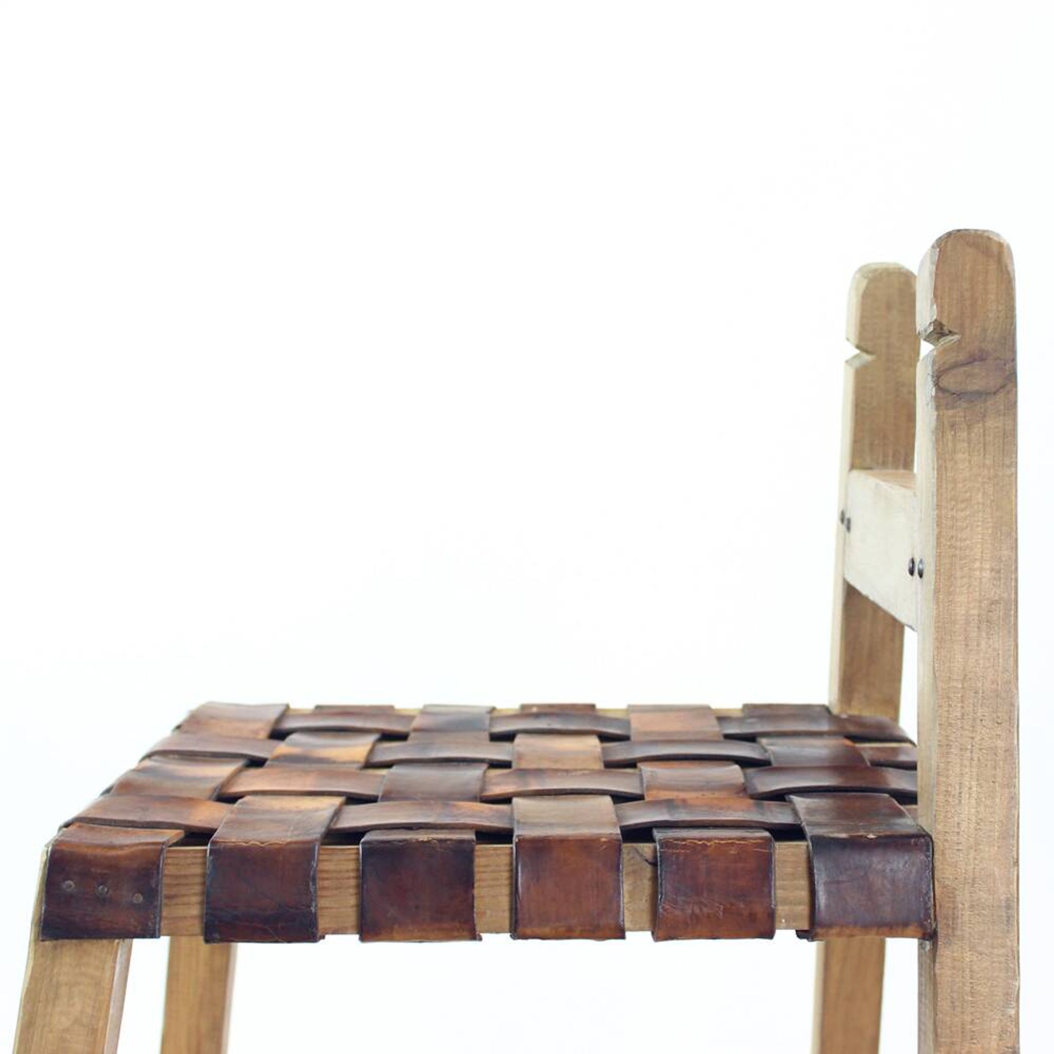 Large Vintage Bar Stool In Wood & Leather, Czechoslovakia 1950s